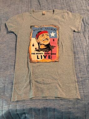 Anvil Gray Willie Nelson Graphic Tee with Red & Blue Print